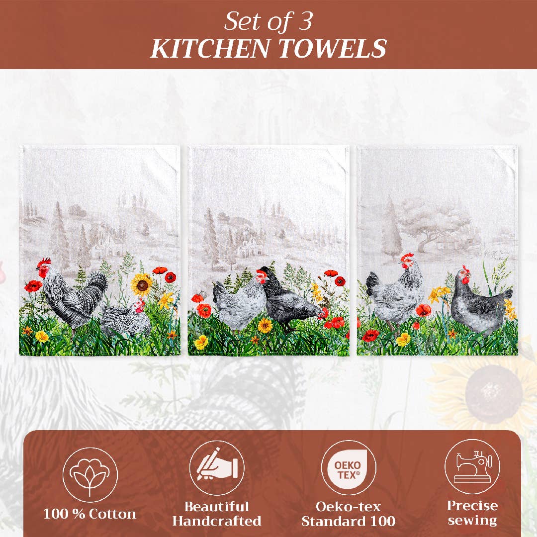 Towel, Chickens 100% Cotton Kitchen Towels - Set Of 3