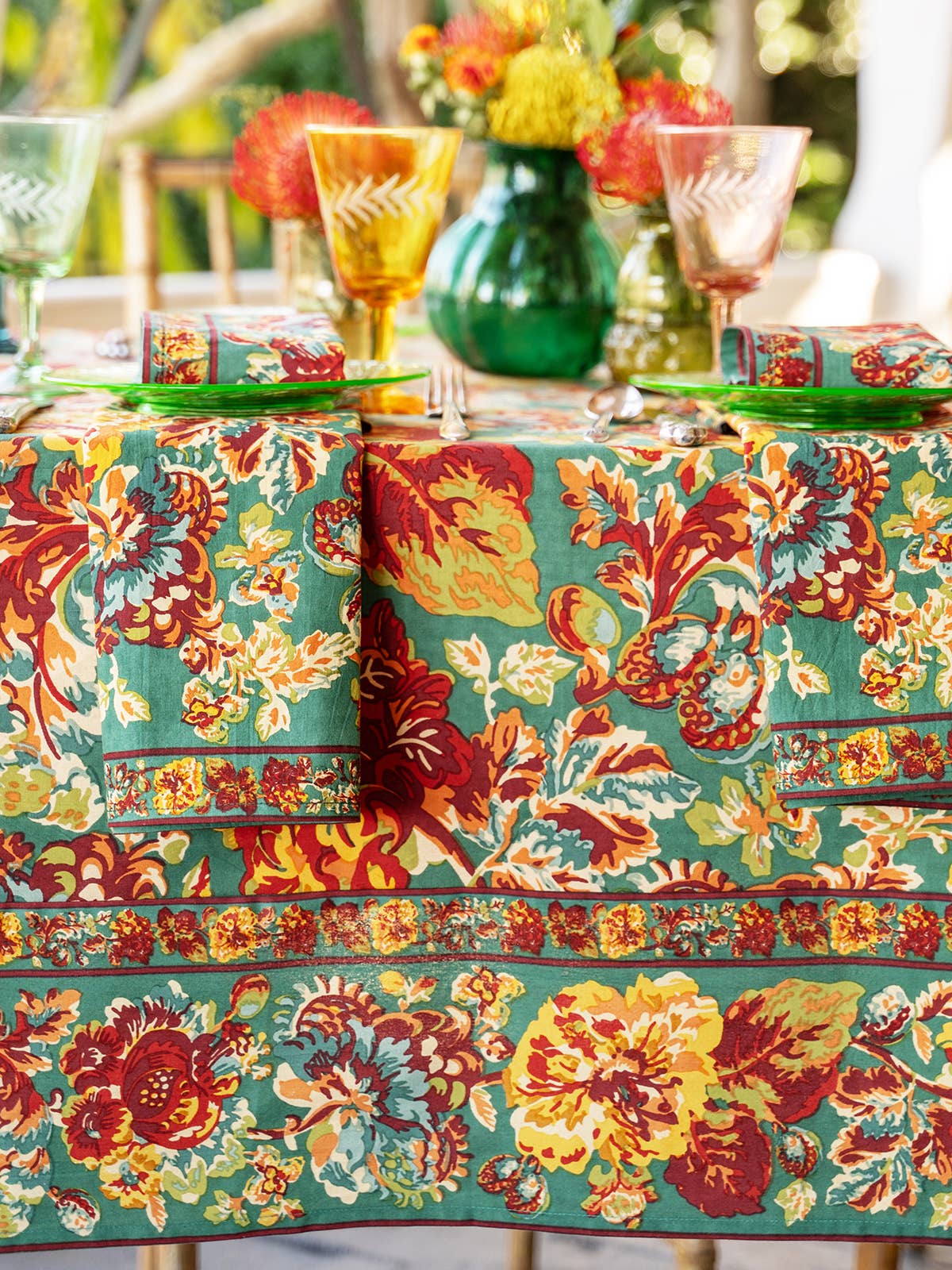 Tablecloth, April Cornell Pomegranate Tablecloth - Teal: 54x54