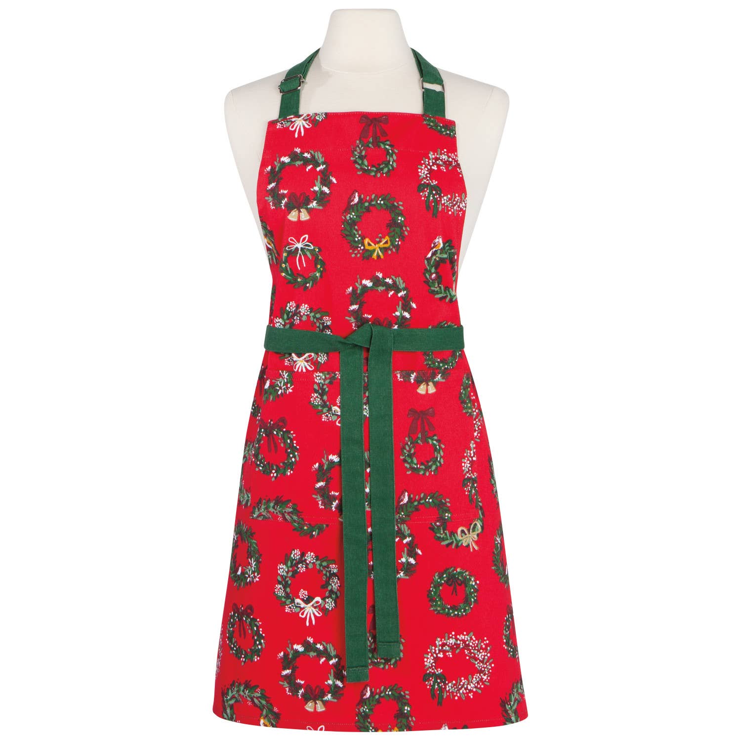 Red apron with green wreath pattern on a mannequin against a white background