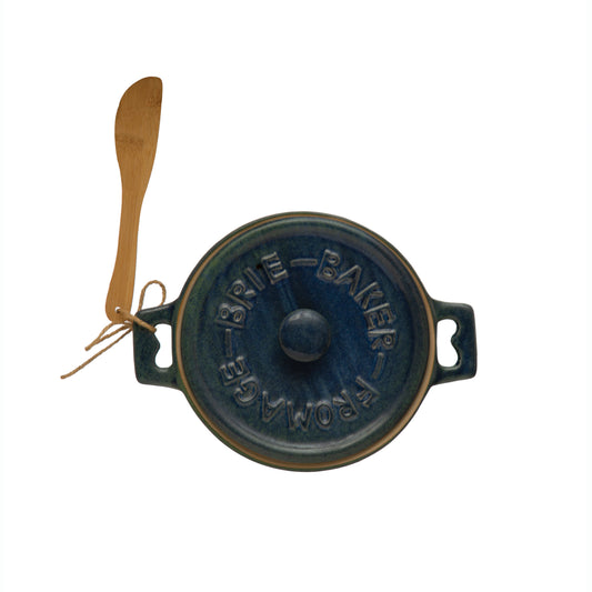 Stoneware Brie Baker w/wood spoon
