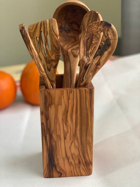 Olive wood square utensil holder